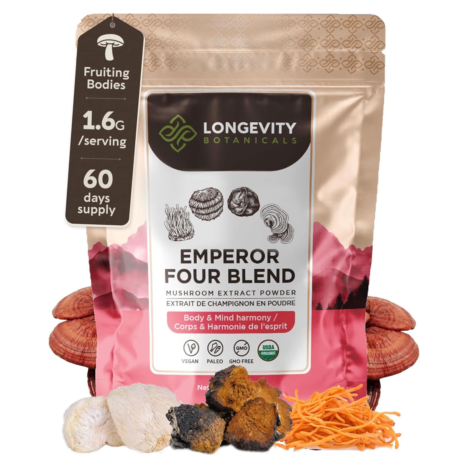 Mezcla de Hongos Orgánicos Longevity Botanicals 100g - Reishi, Melena de León, Chaga, Cordyceps