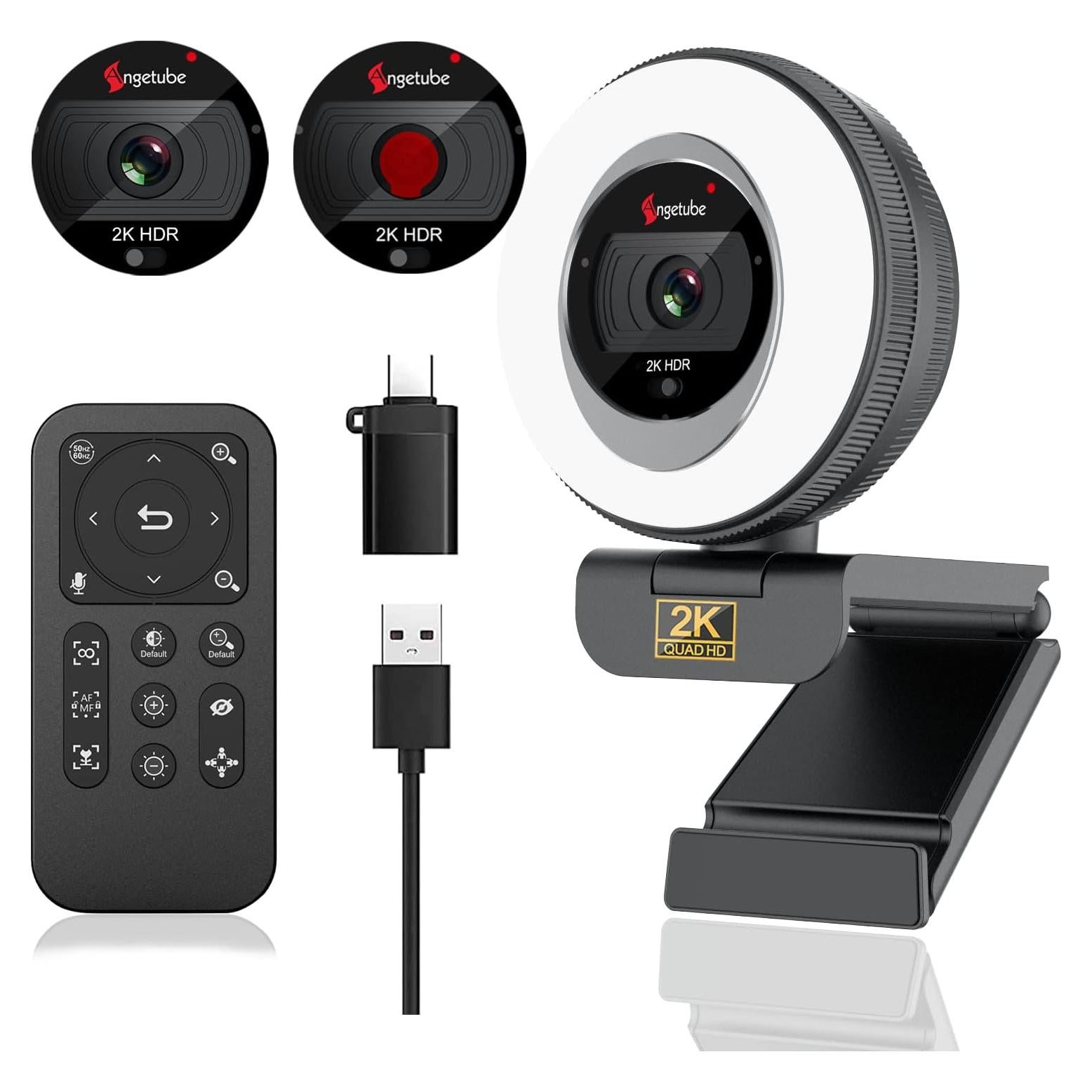 Cámara Web Angetube 863Plus 2K con Luz de Anillo y Control Remoto