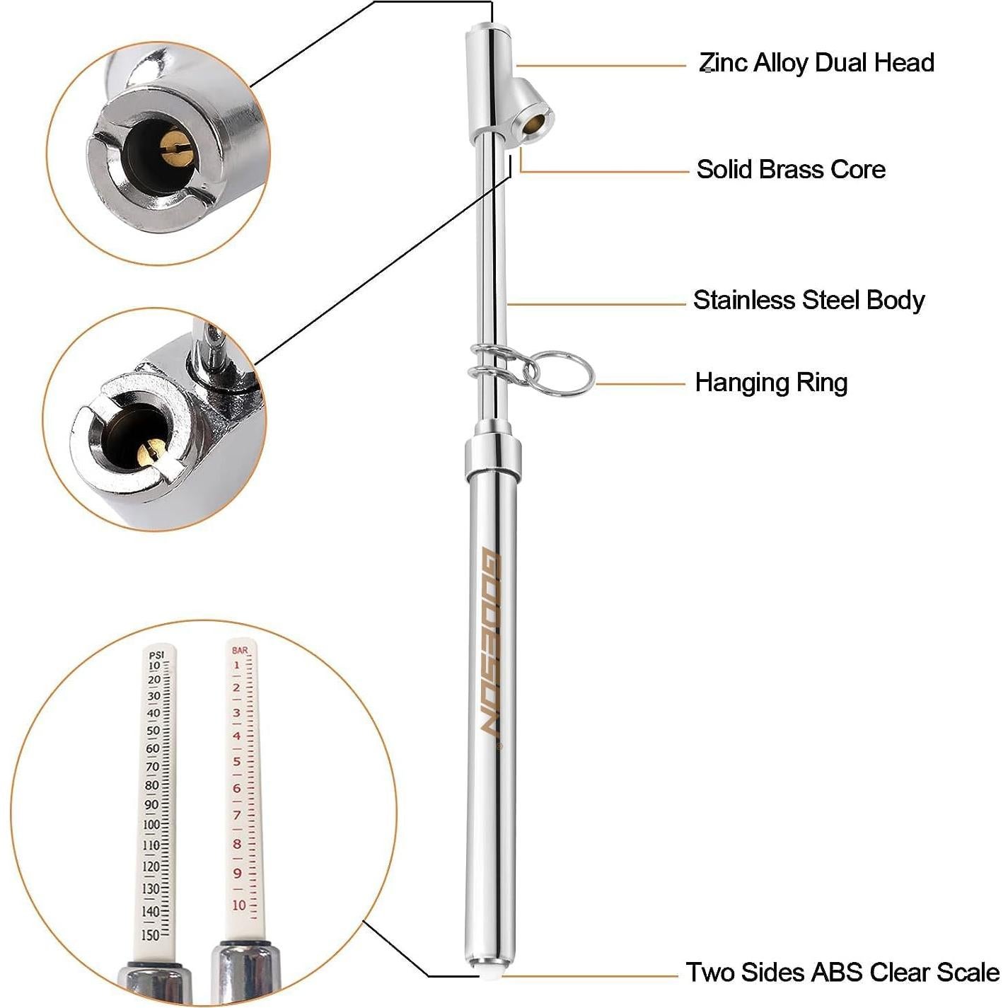 Medidor de Presión de Neumáticos GODESON Doble Cabeza 10-150 PSI
