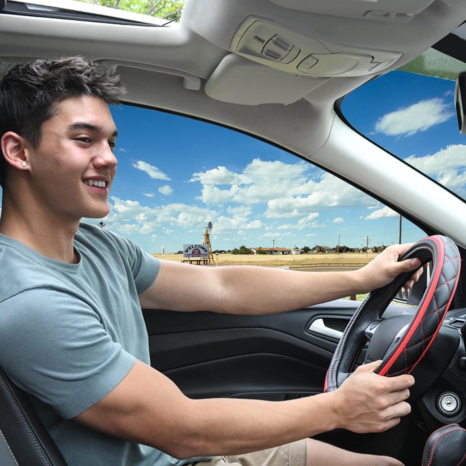 Cubierta de Volante de Cuero CAR PASS Negro y Rojo 37-38 cm
