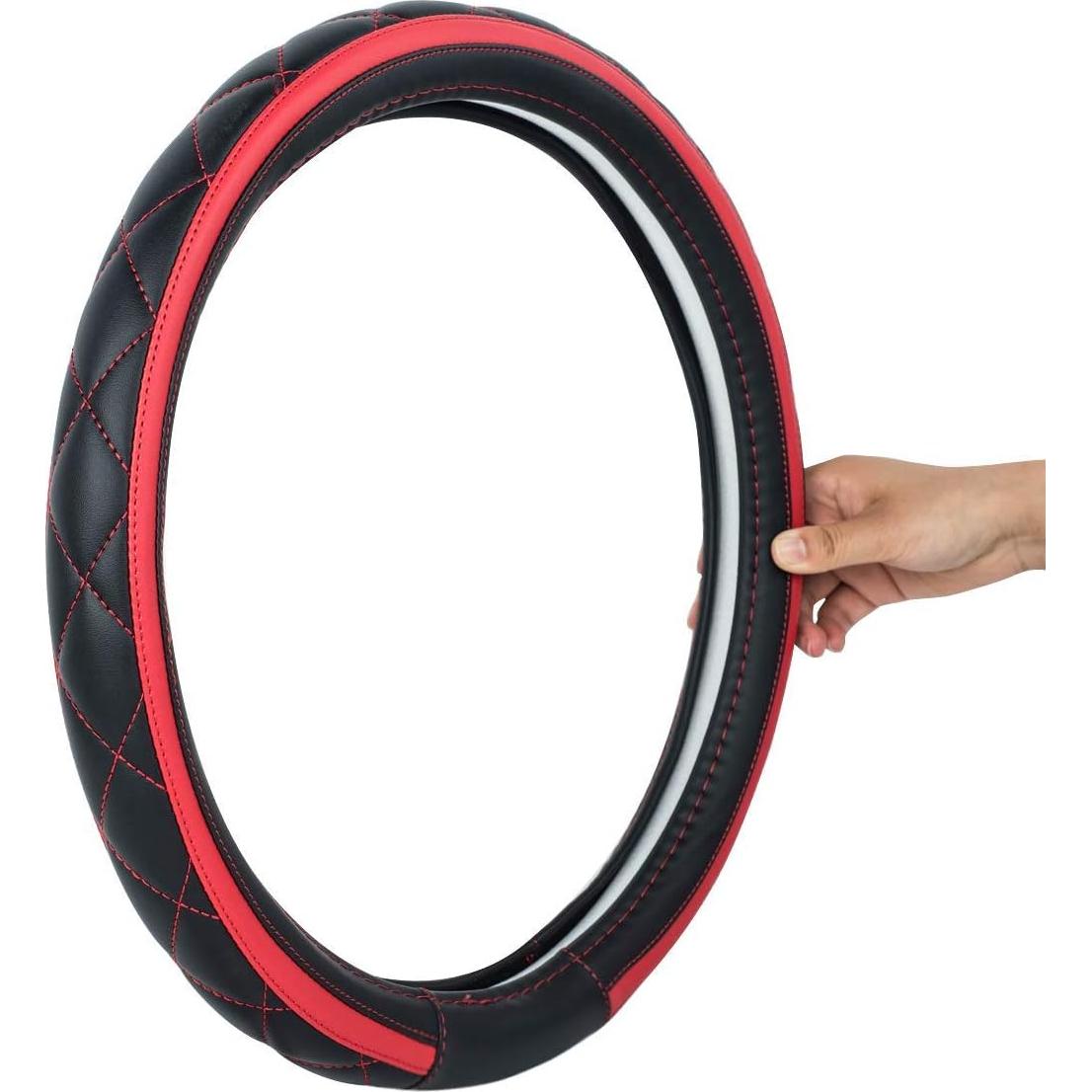 Cubierta de Volante de Cuero CAR PASS Negro y Rojo 37-38 cm