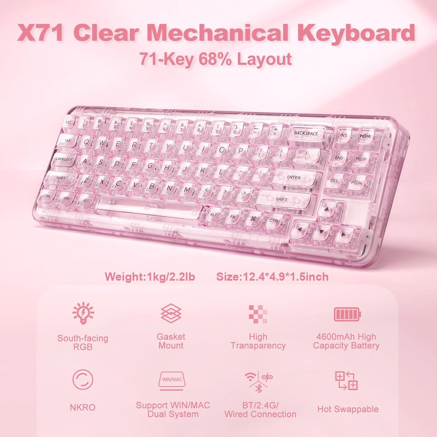 Teclado Mecánico Inalámbrico YUNZII X71 RGB 68% Rosa