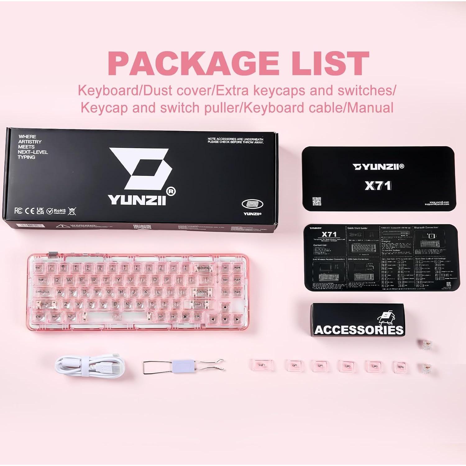 Teclado Mecánico Inalámbrico YUNZII X71 RGB 68% Rosa