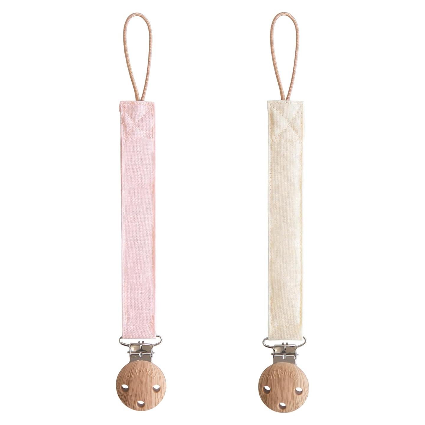 Clip de Chupete de Lino Mushie - Paquete de 2 Rosa/Cream