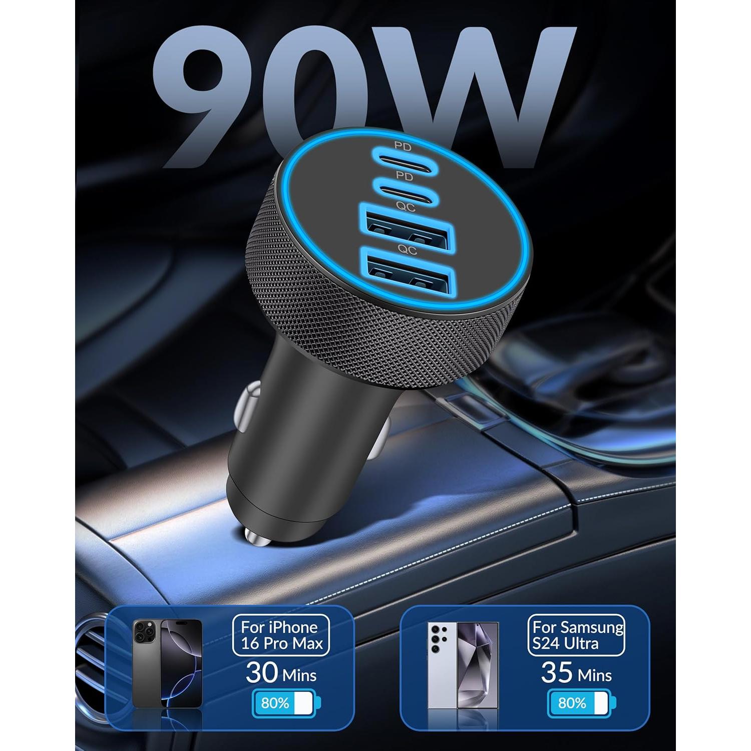 Cargador de Coche USB C 90W 4 Puertos Rápida Heyuan