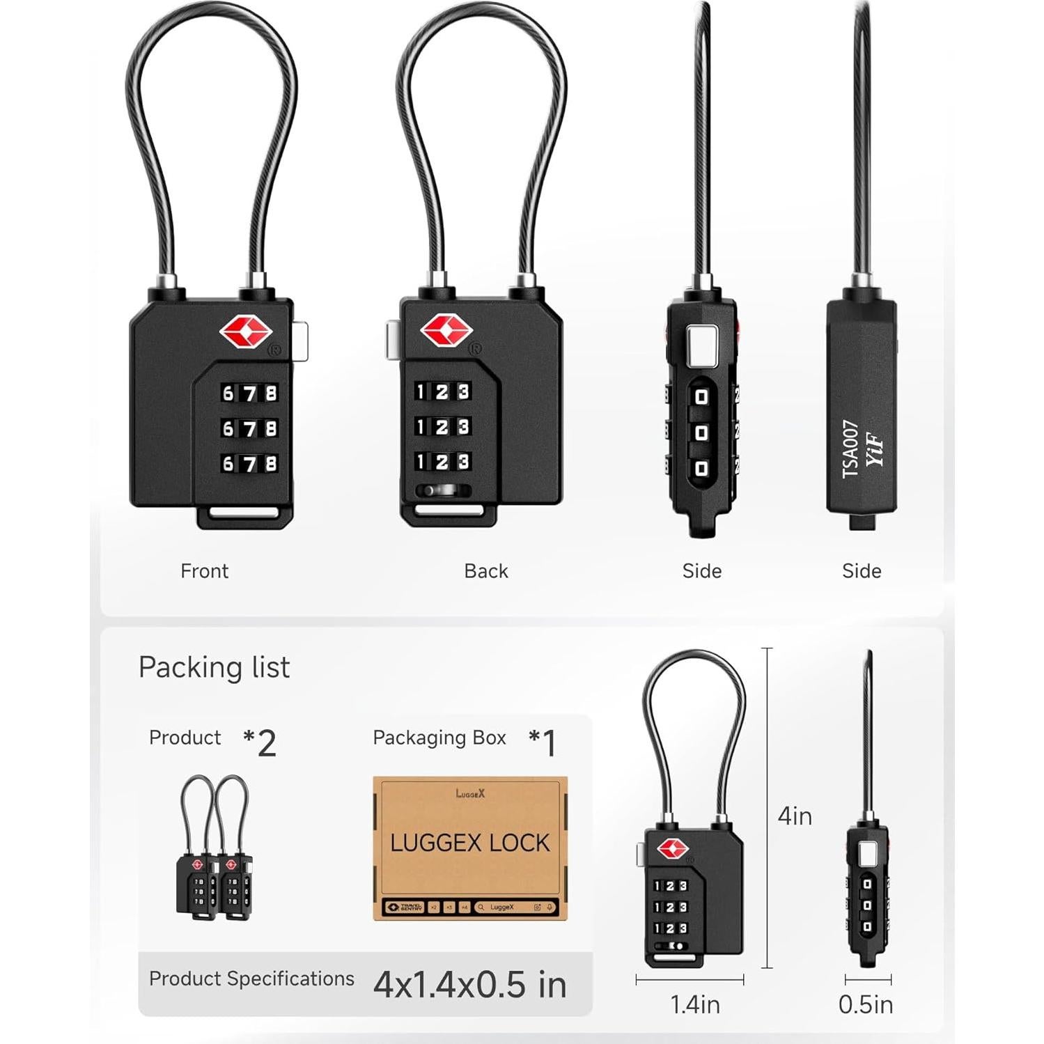 Candados TSA LUGGEX para Equipaje 2 Paquete Negro