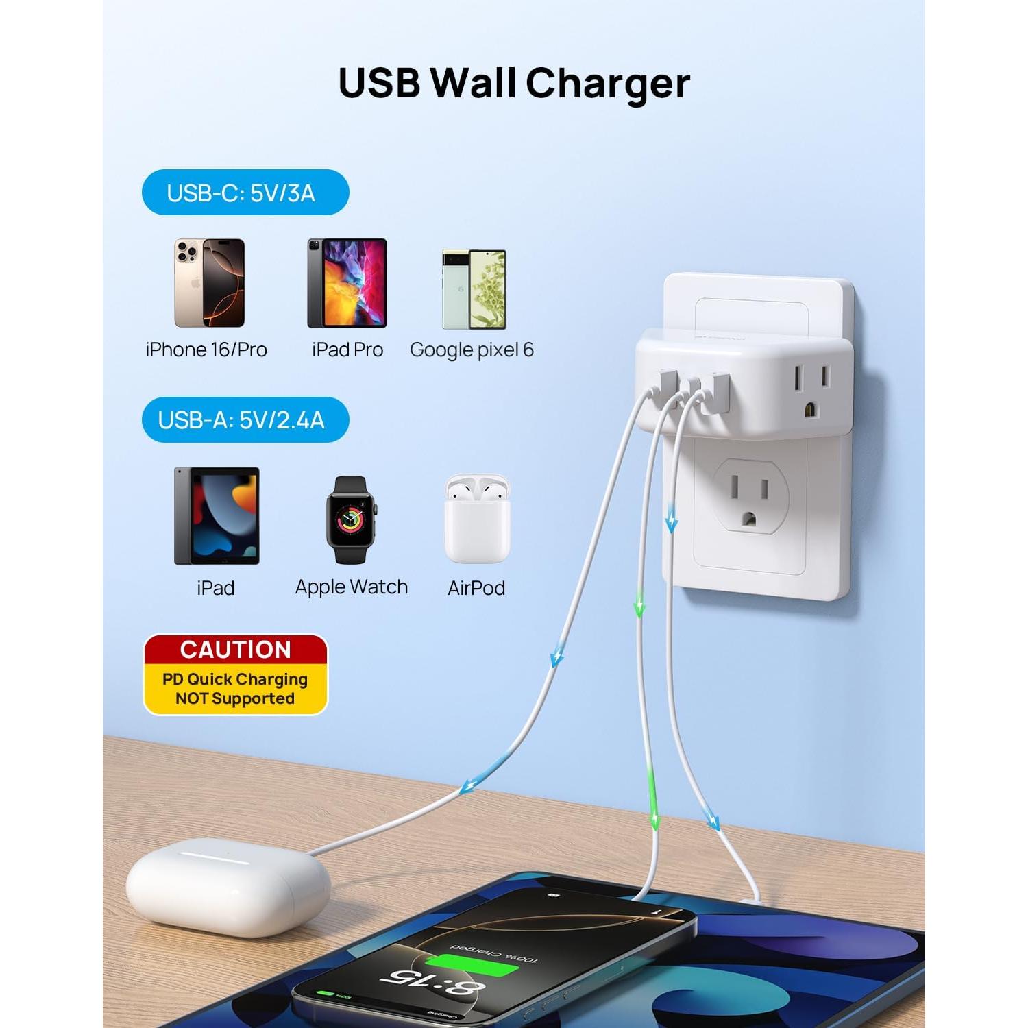 Extensor de Enchufe TROND 2 AC 3 USB Blanco Compacto