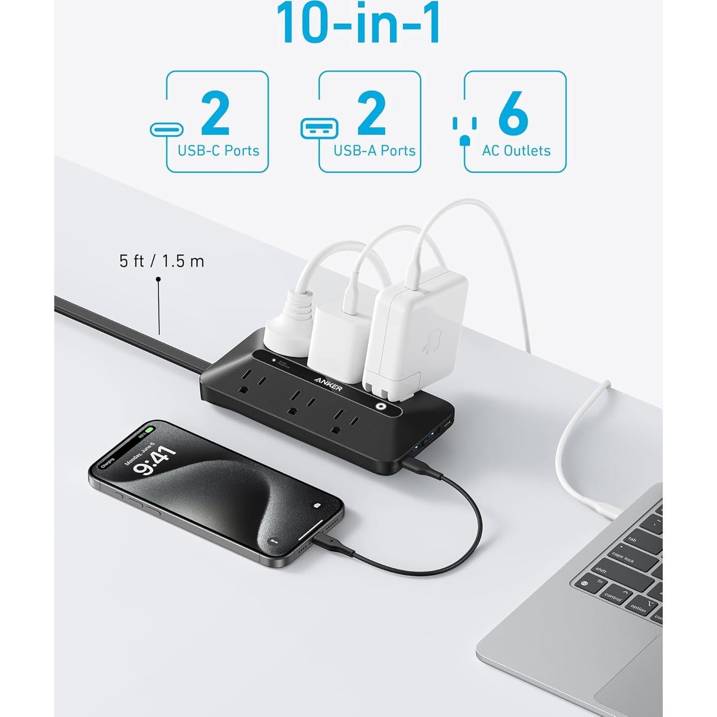 Regleta de Enchufes Anker A91F2 10-en-1 1.5m USB-C y AC