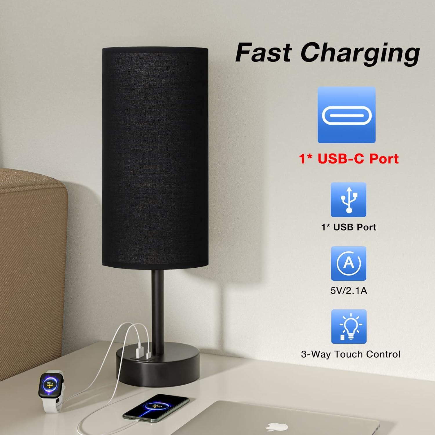 Lámpara de Mesita Dicoool con Puertos USB-C y USB, 35.6cm