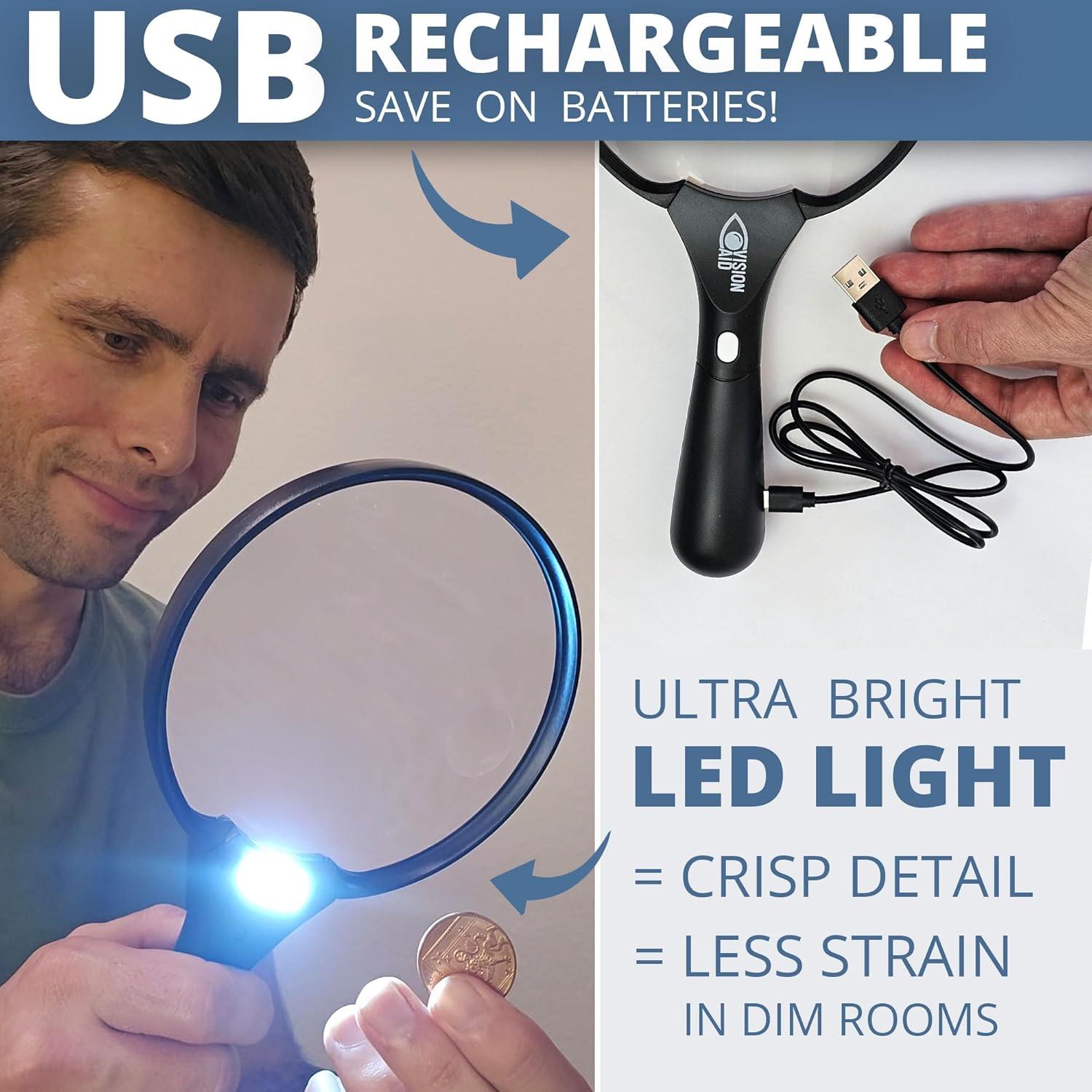 Lupa Grande Vision Aid 5.5" LED Recargable USB 45X 20X