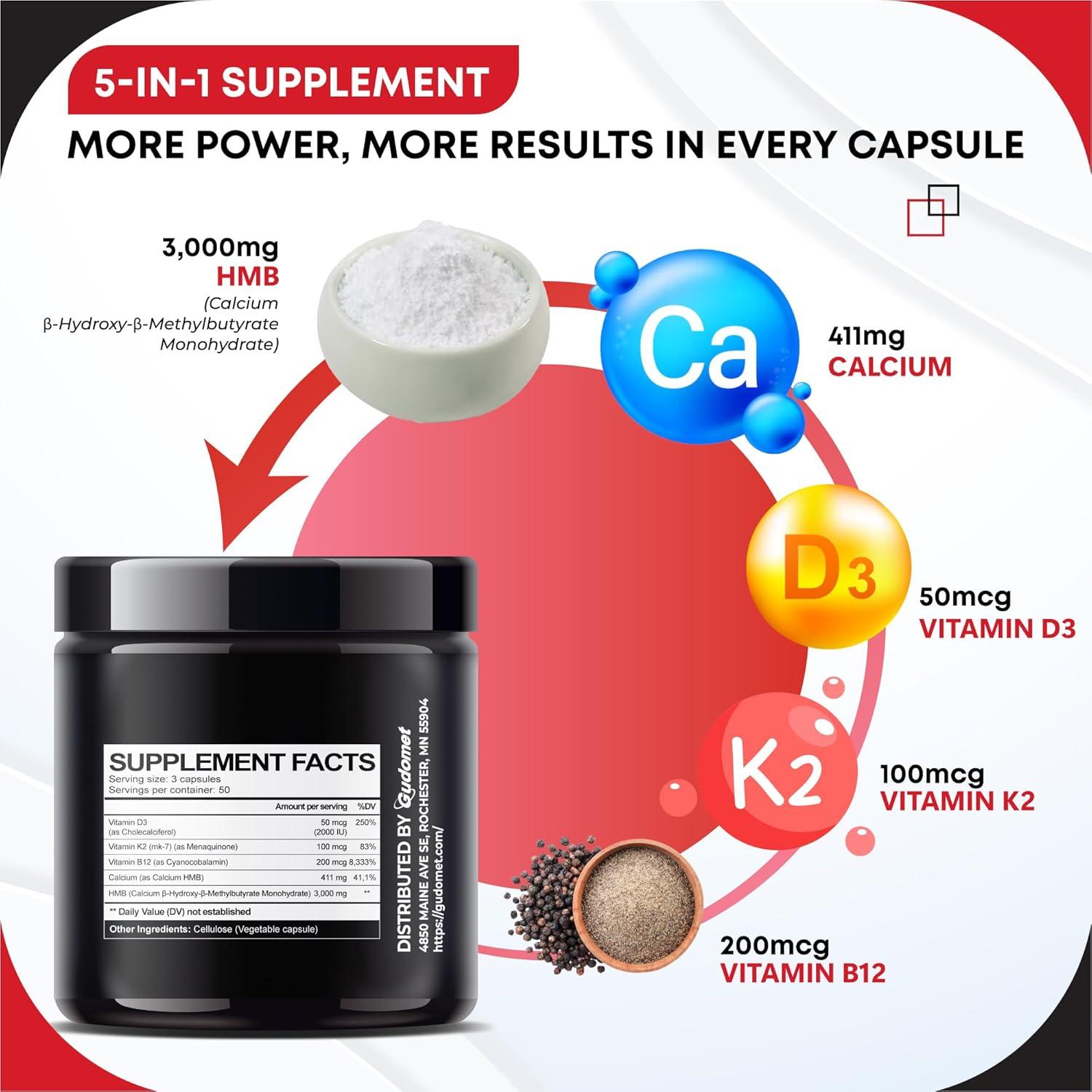Suplemento HMB Gudomet con Vitamina D3, K2 y B12 - 150 Cápsulas