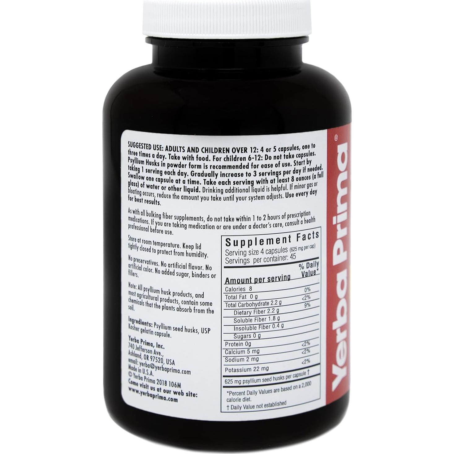 Cápsulas de Psyllium Yerba Prima 625 mg 180 Unidades - Fibra Dietética