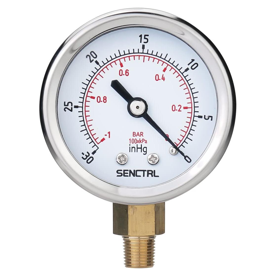 Manómetro de Vacío SENCTRL 30 inHg, 2" Montaje Inferior 1/8 NPT