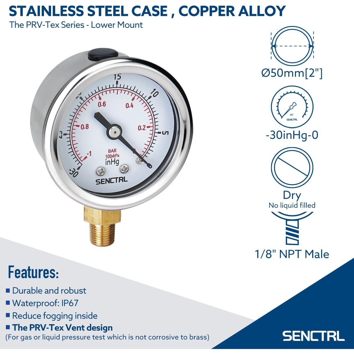Manómetro de Vacío SENCTRL 30 inHg, 2" Montaje Inferior 1/8 NPT