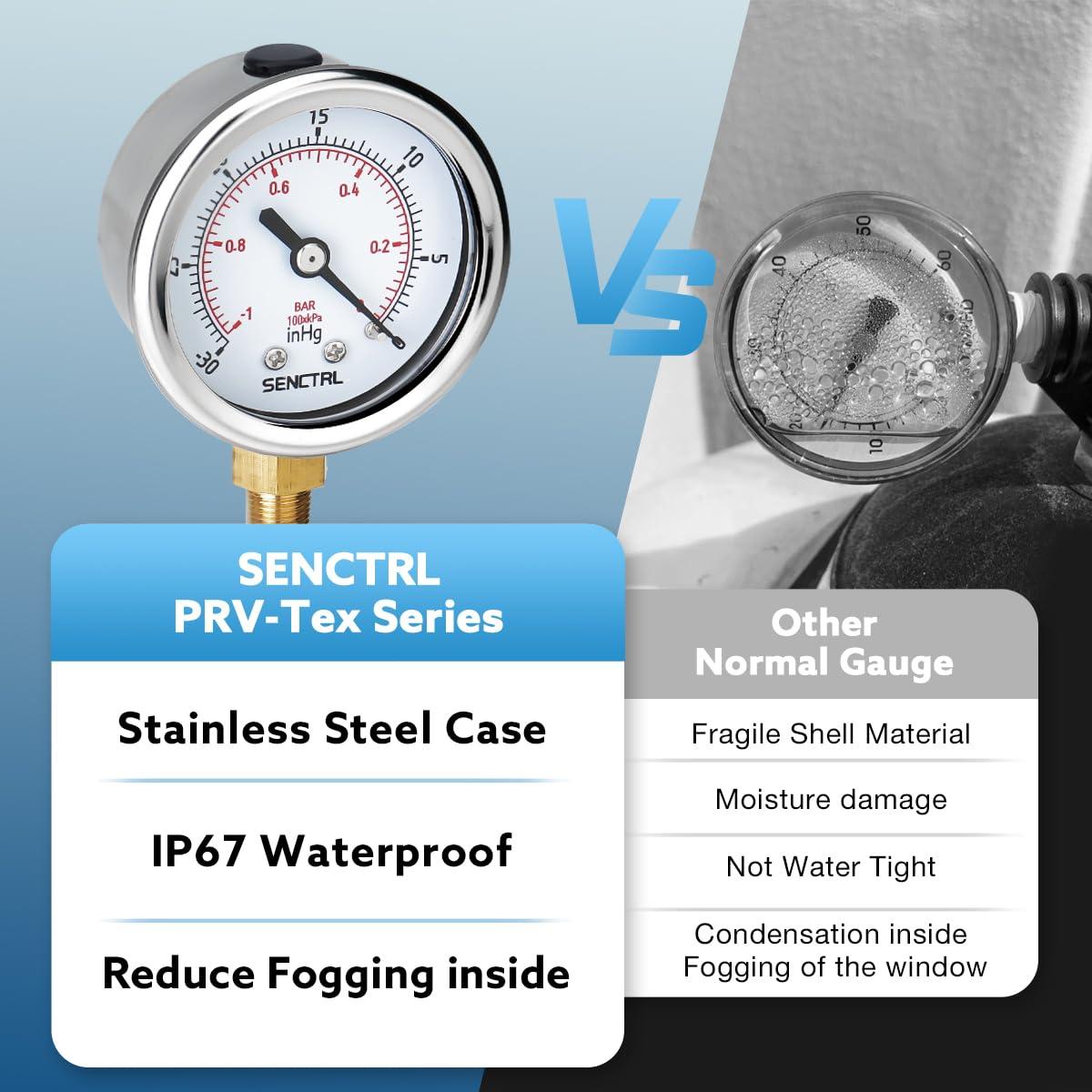 Manómetro de Vacío SENCTRL 30 inHg, 2" Montaje Inferior 1/8 NPT