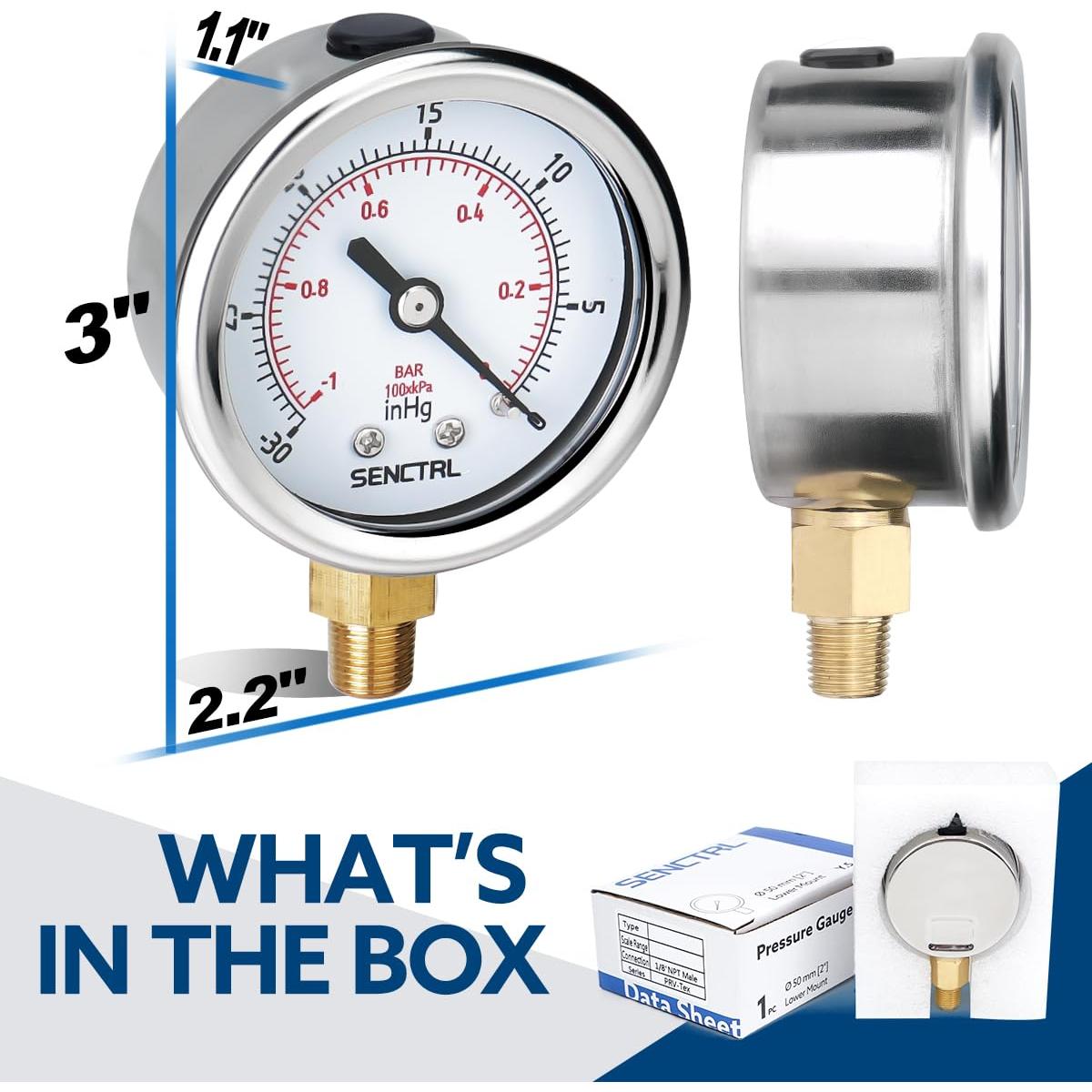 Manómetro de Vacío SENCTRL 30 inHg, 2" Montaje Inferior 1/8 NPT