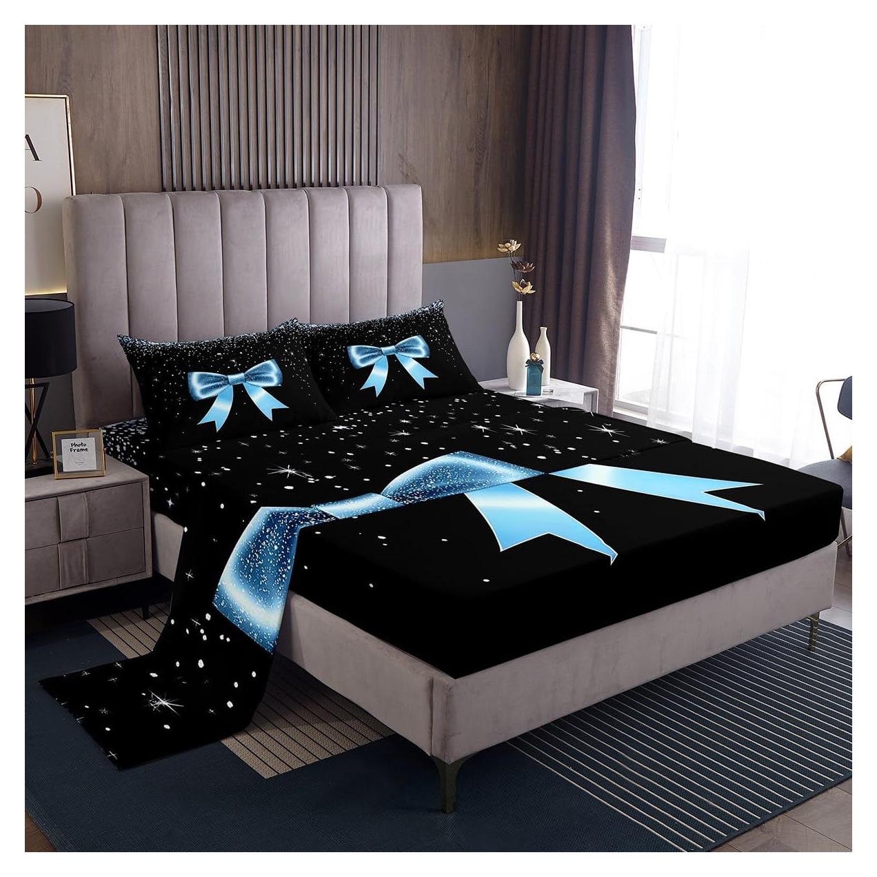 Conjunto de Sábanas Twin Erosebridal Lazo Azul y Negro 3 Piezas