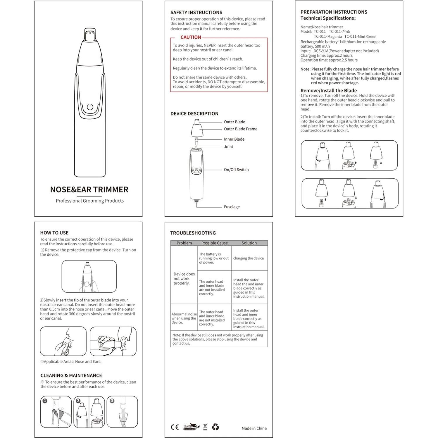 Recortadora de Vello Nasal y Facial Recargable TC-011 Negro