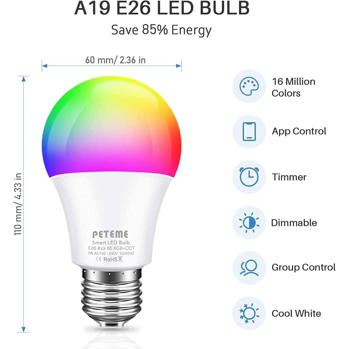 Bombilla Inteligente LED RGB WiFi Peteme E26 60W 1 Paquete