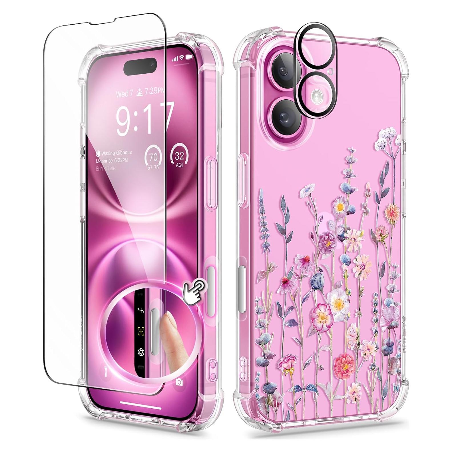 Funda GVIEWIN para iPhone 16 6.1" 2024 Floral Antichoque