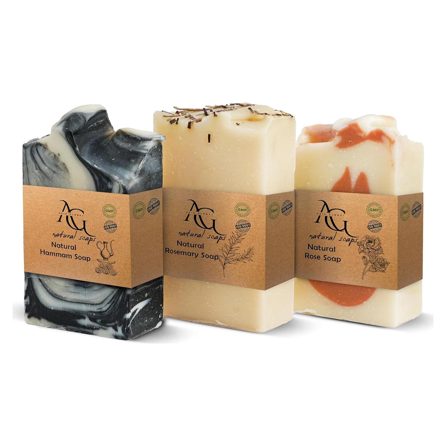 Paquete de 3 Jabones Naturales Arie Global - Romero, Hammam y Rosa