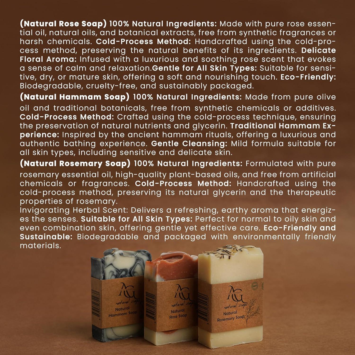 Paquete de 3 Jabones Naturales Arie Global - Romero, Hammam y Rosa