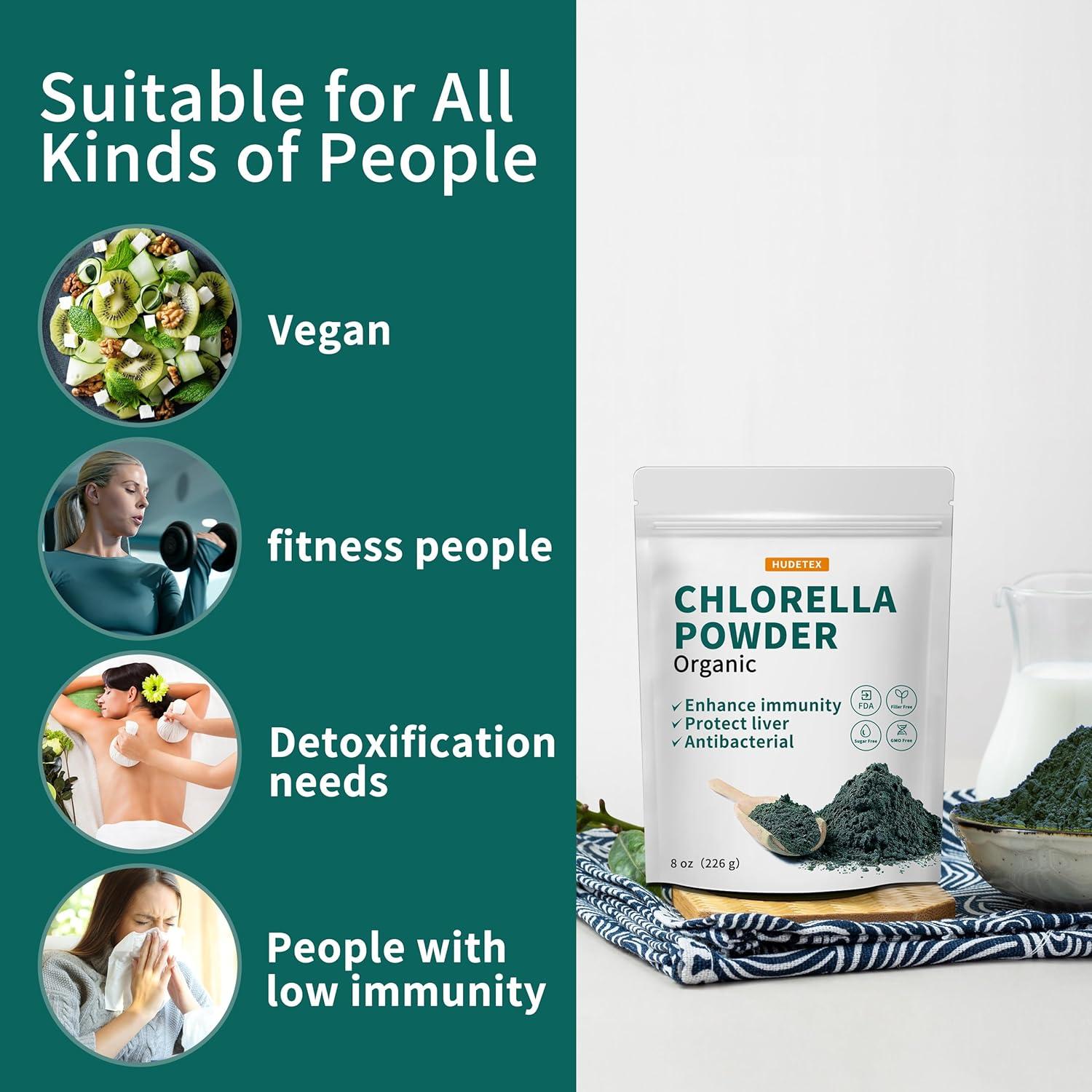 Polvo de Chlorella Natural HUDETEX 226.8 g - Vegano, Rico en Proteínas