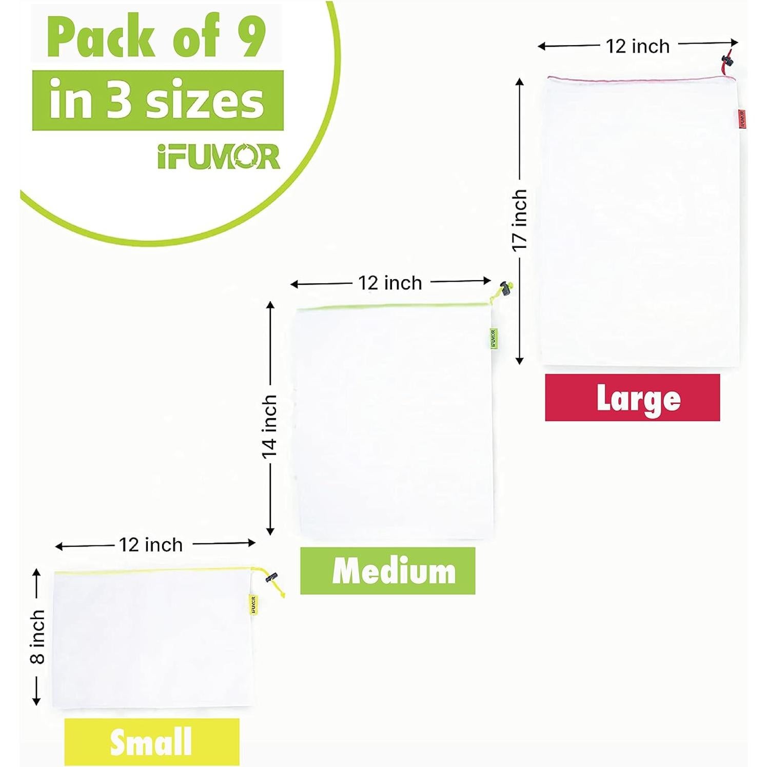 Paquete de 9 Bolsas de Malla Reutilizables iFUMOR Ecológicas