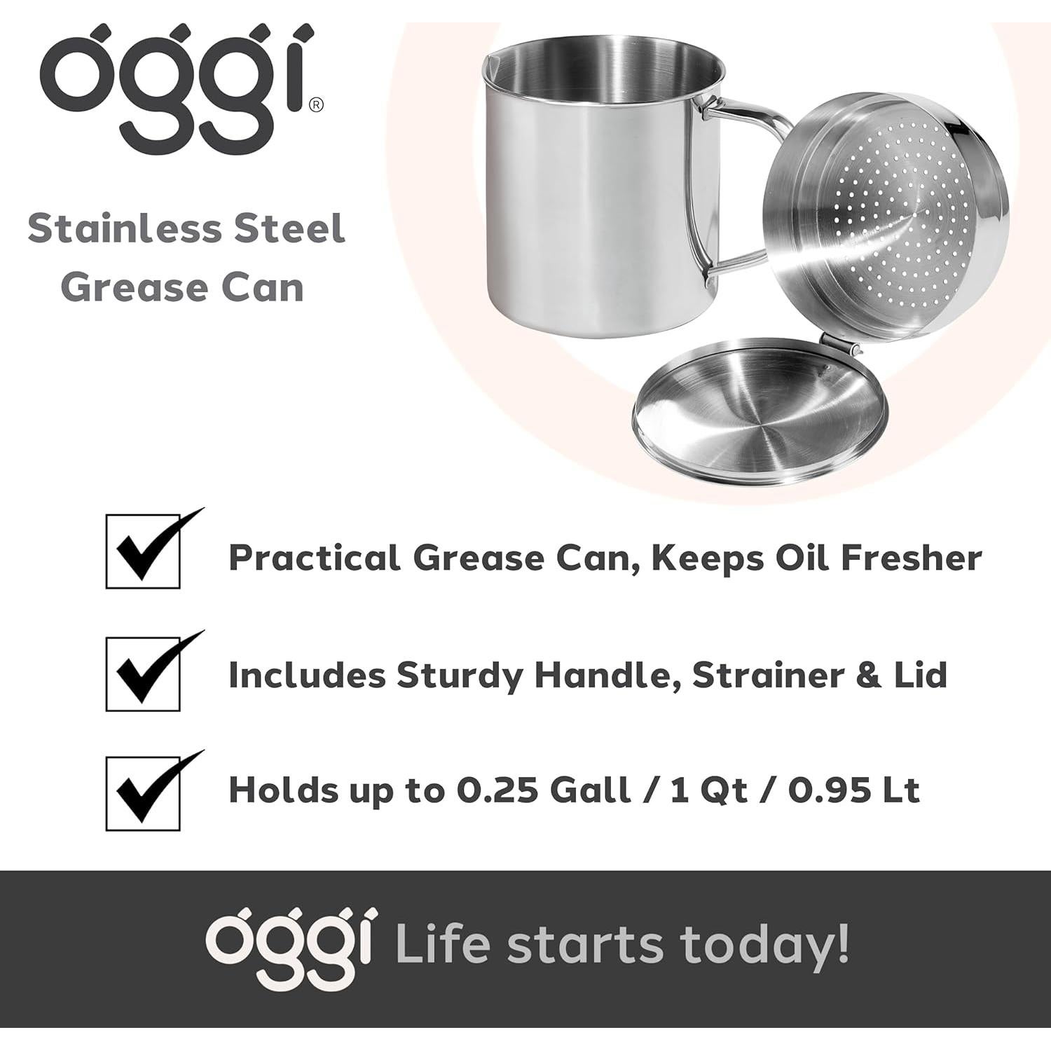 Contenedor de grasa OGGI de acero inoxidable 0.95 Lt con colador