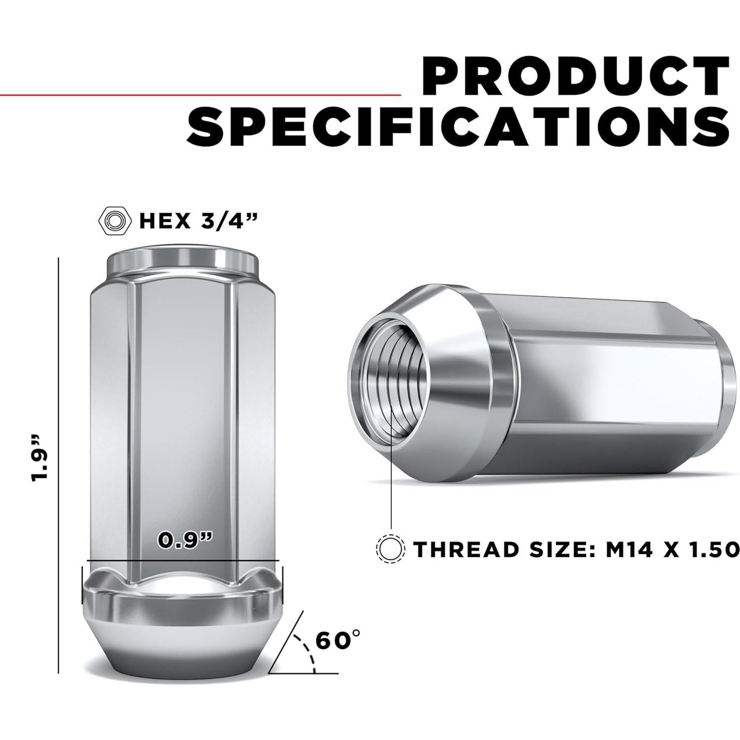 Tuercas de Rueda White Knight 1909XL-4 Cromadas M14x1.50 - Paquete de 4