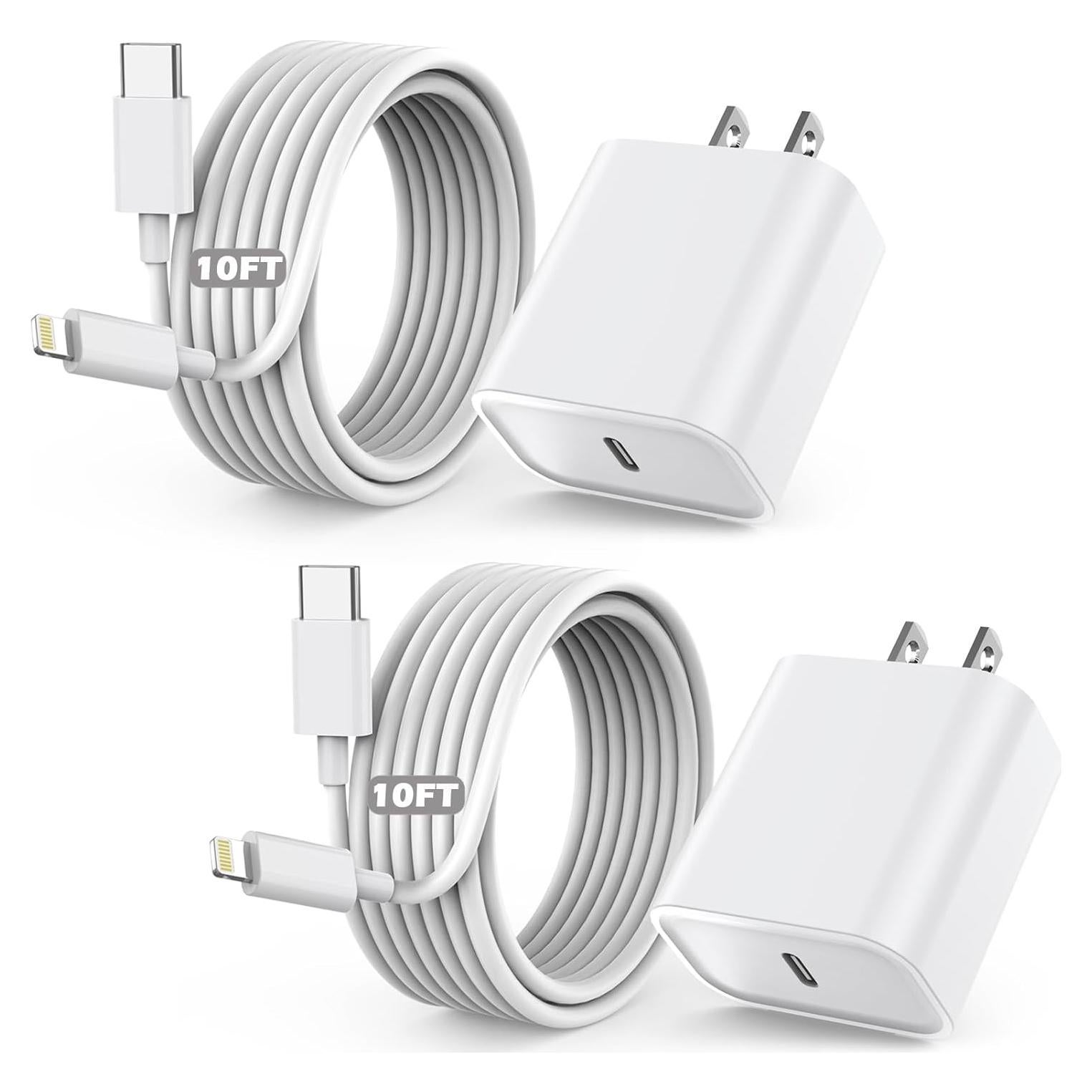 Cargador Rápido 20W para iPhone con Cable 10 Pies MFi