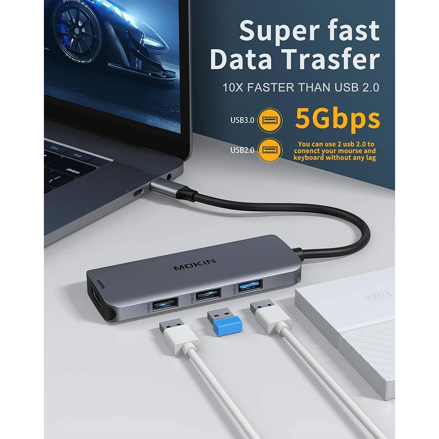 Adaptador USB C a Doble HDMI MOKiN 6 en 1 4 USB 4K 30Hz