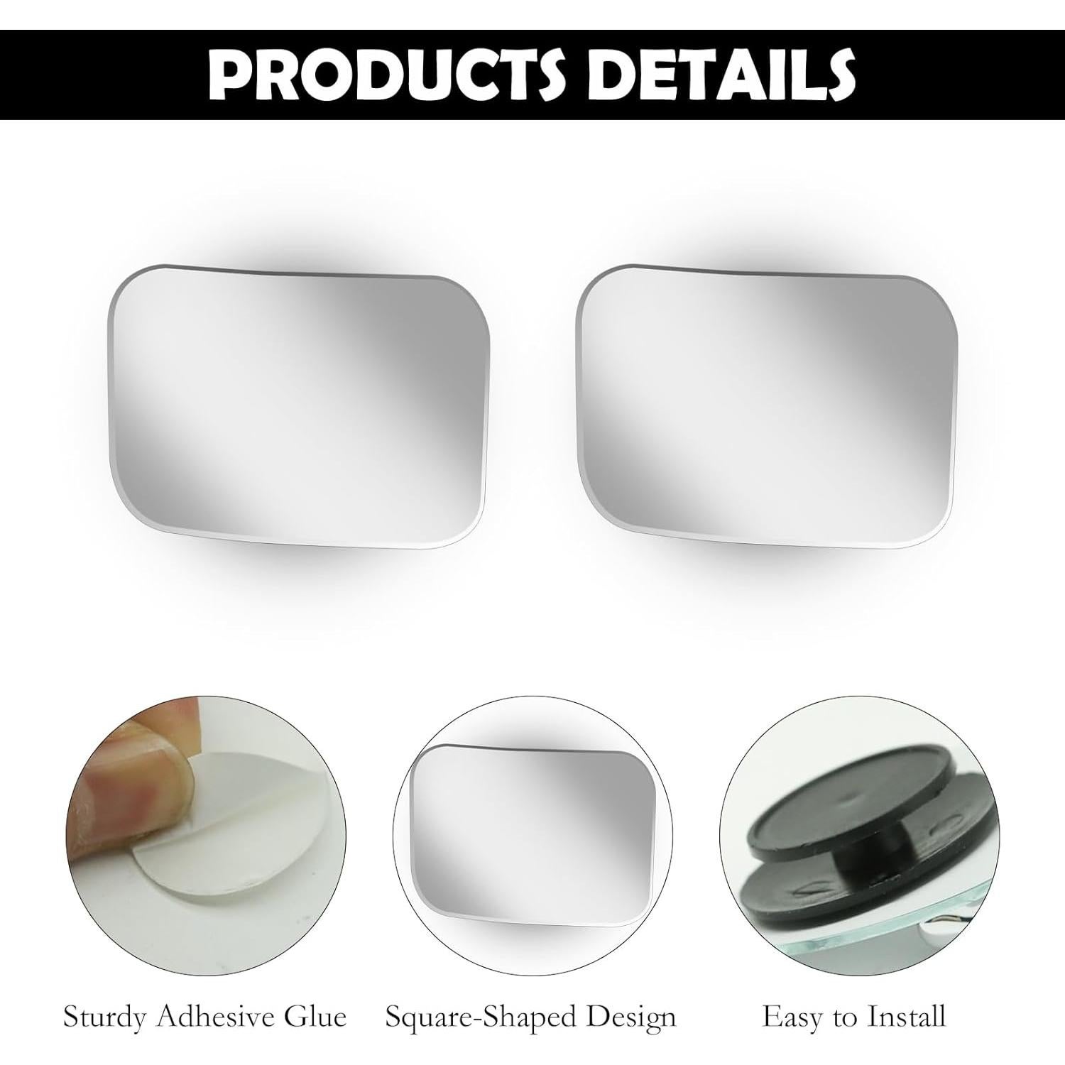 2Pcs Cars Square Blind Spot Mirrors, Car Side Mirror Blindspot Adjustabe Angle 360 Degree Wide Angle Convex RearView Removable for Enhanced Safety Universal Accessories for Suvs RVs Trucks