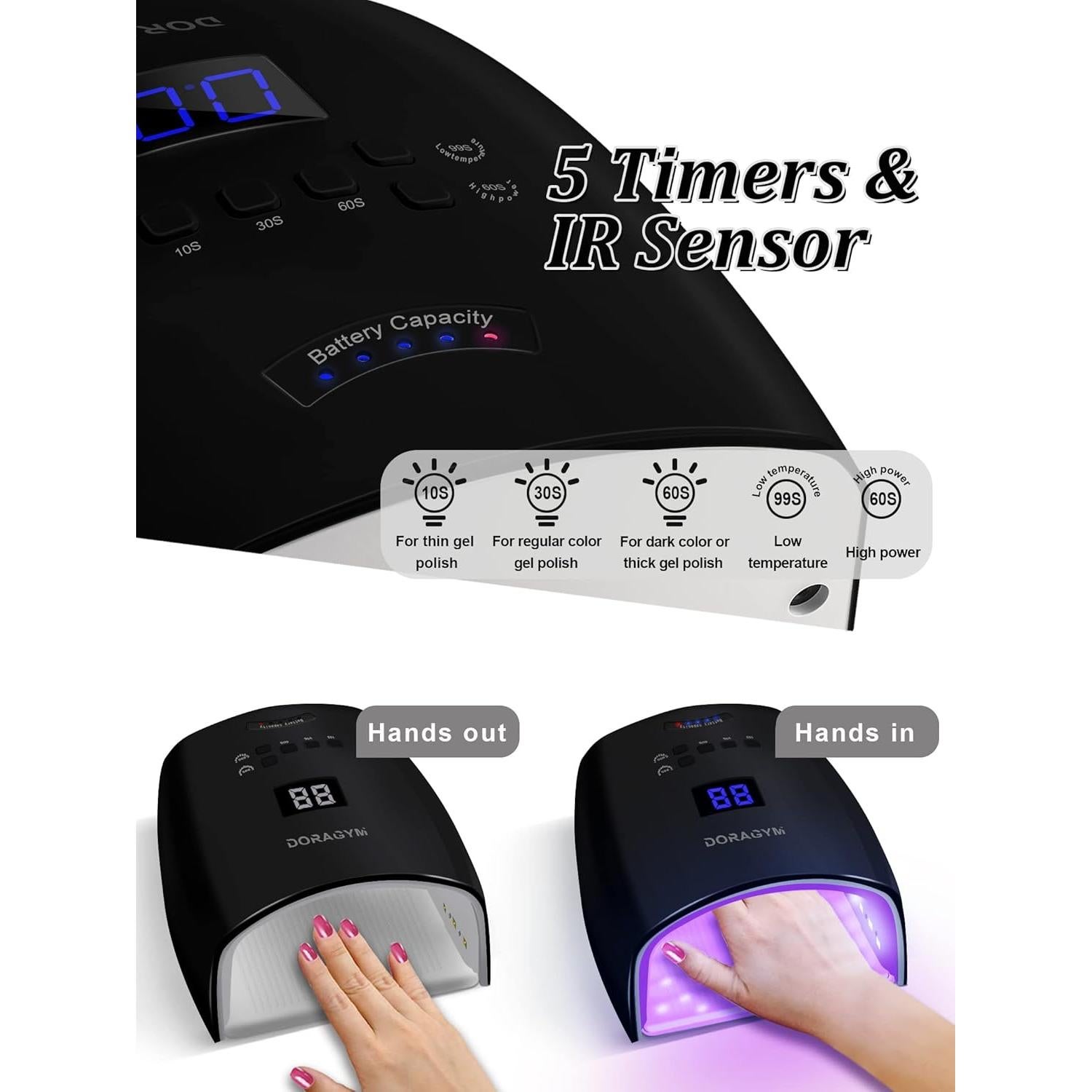 Lámpara de Uñas LED UV DORAGYM 66W Inalámbrica Recargable