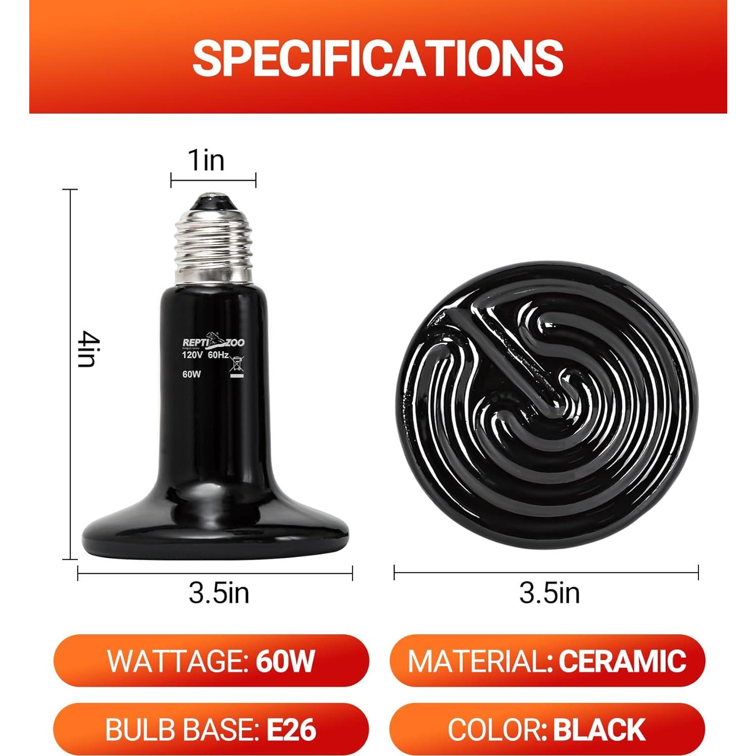 Lámpara de Calor Cerámica 60W REPTI ZOO 2 Pack para Reptiles