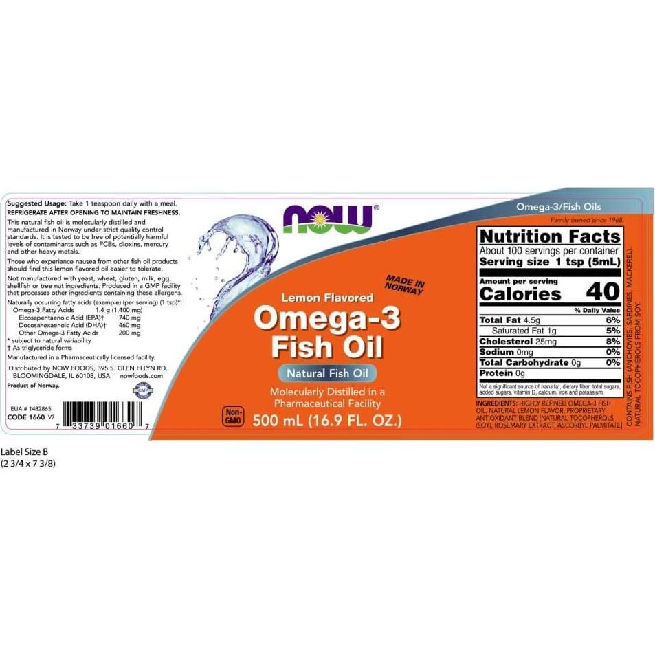 Aceite de Pescado Omega-3 NOW 500 ml Sabor Limón