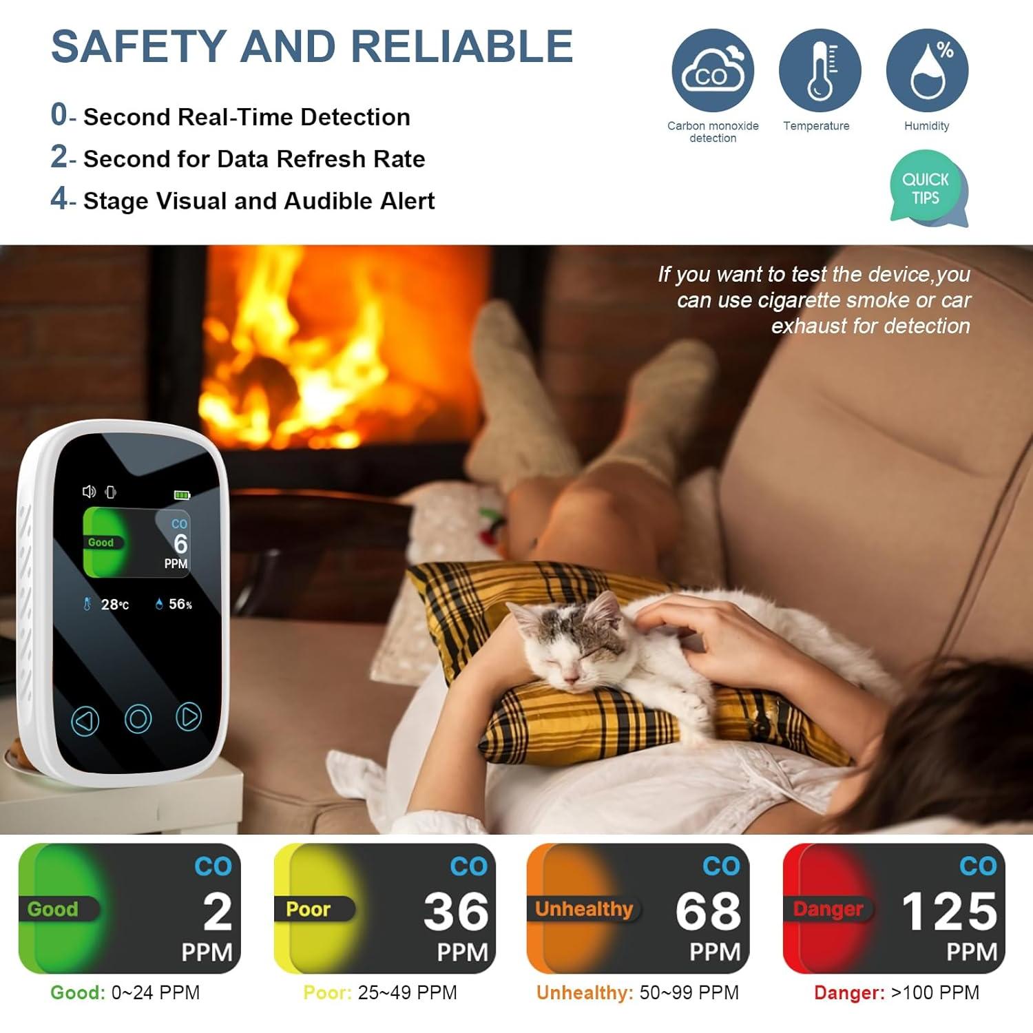 Detector de Monóxido de Carbono Giumka PTH-10D 3-en-1 Portátil