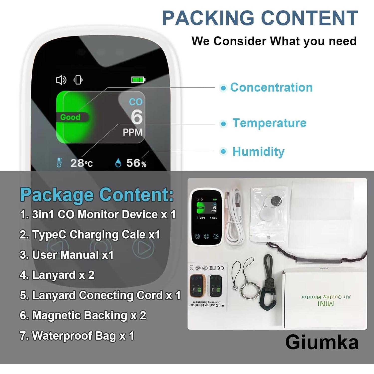 Detector de Monóxido de Carbono Giumka PTH-10D 3-en-1 Portátil