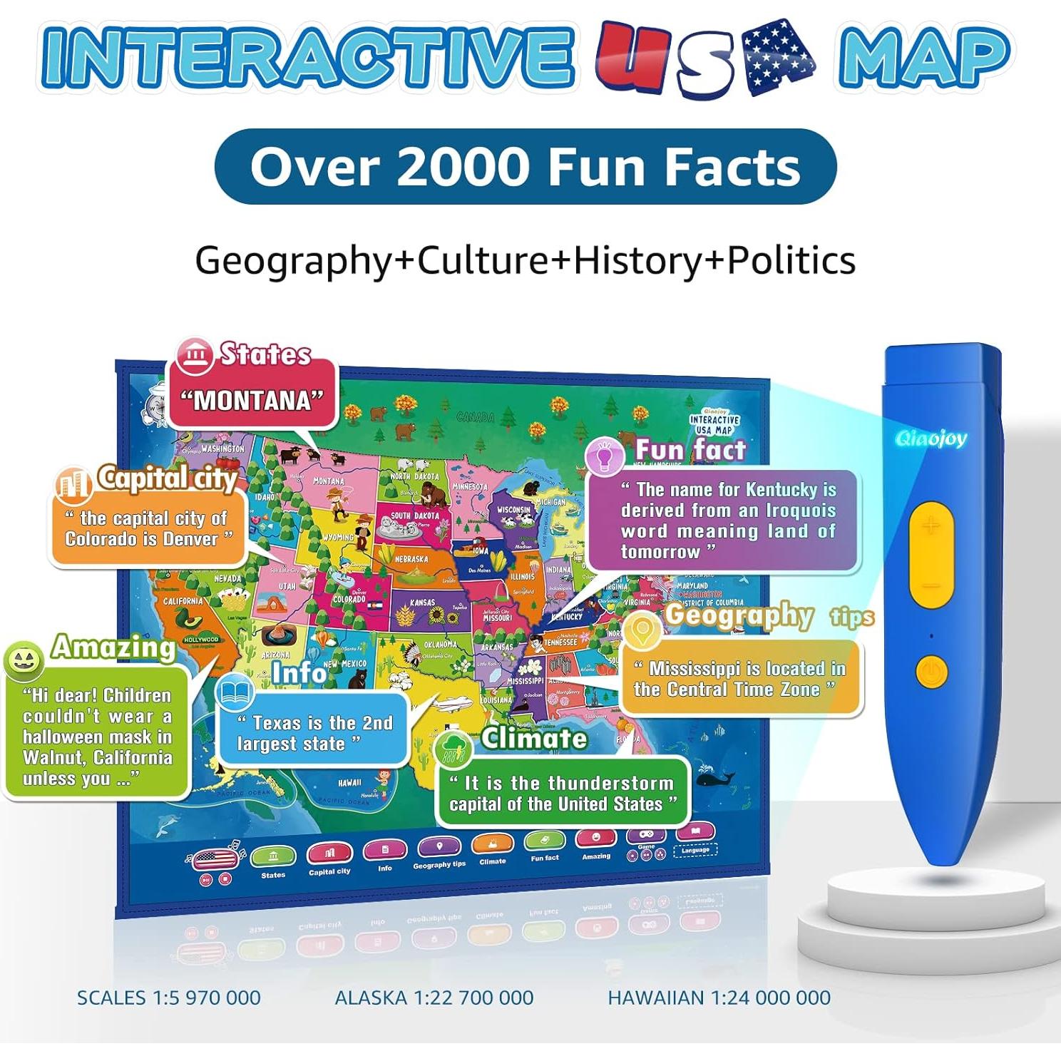 Mapa Interactivo Bilingüe Qiaojoy EE. UU. y Mundo 34.5x21.3cm