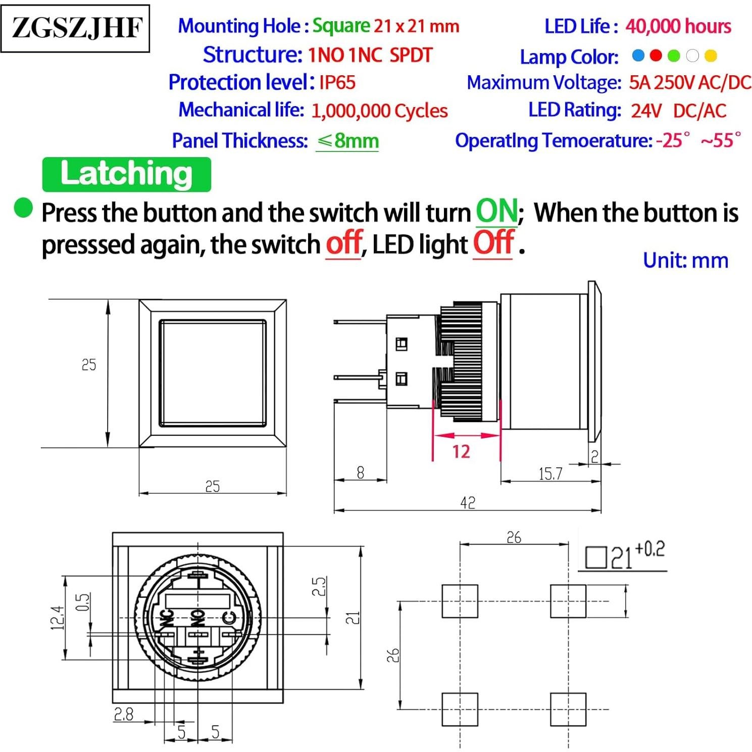 Interruptor Cuadrado ZGSZJHF 21x21mm 5A 250V Luz Azul IP65