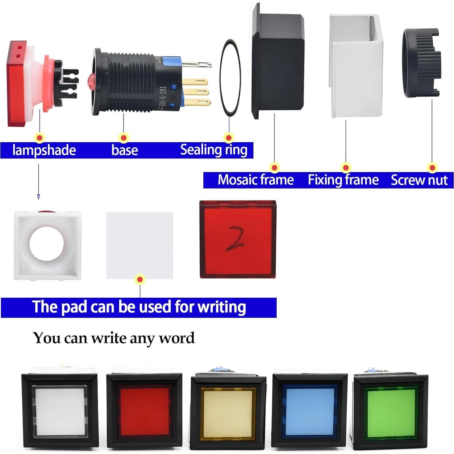 Interruptor Cuadrado ZGSZJHF 21x21mm 5A 250V Luz Azul IP65