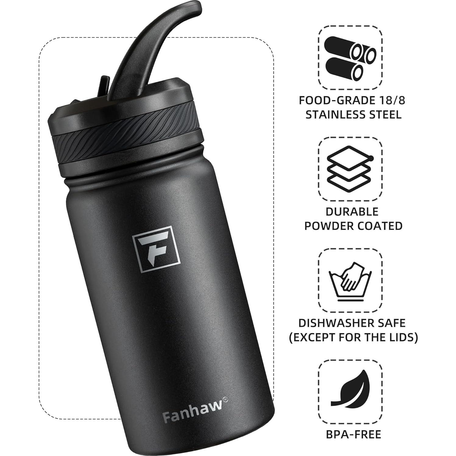 Botella de Agua Aislada Fanhaw 414ml Niños Acero Inoxidable Negro