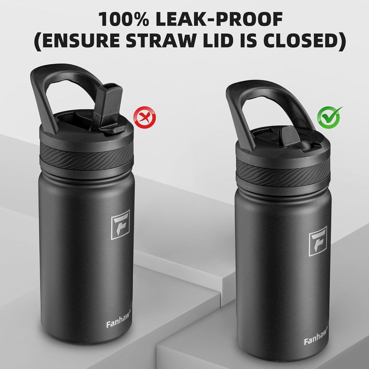 Botella de Agua Aislada Fanhaw 414ml Niños Acero Inoxidable Negro