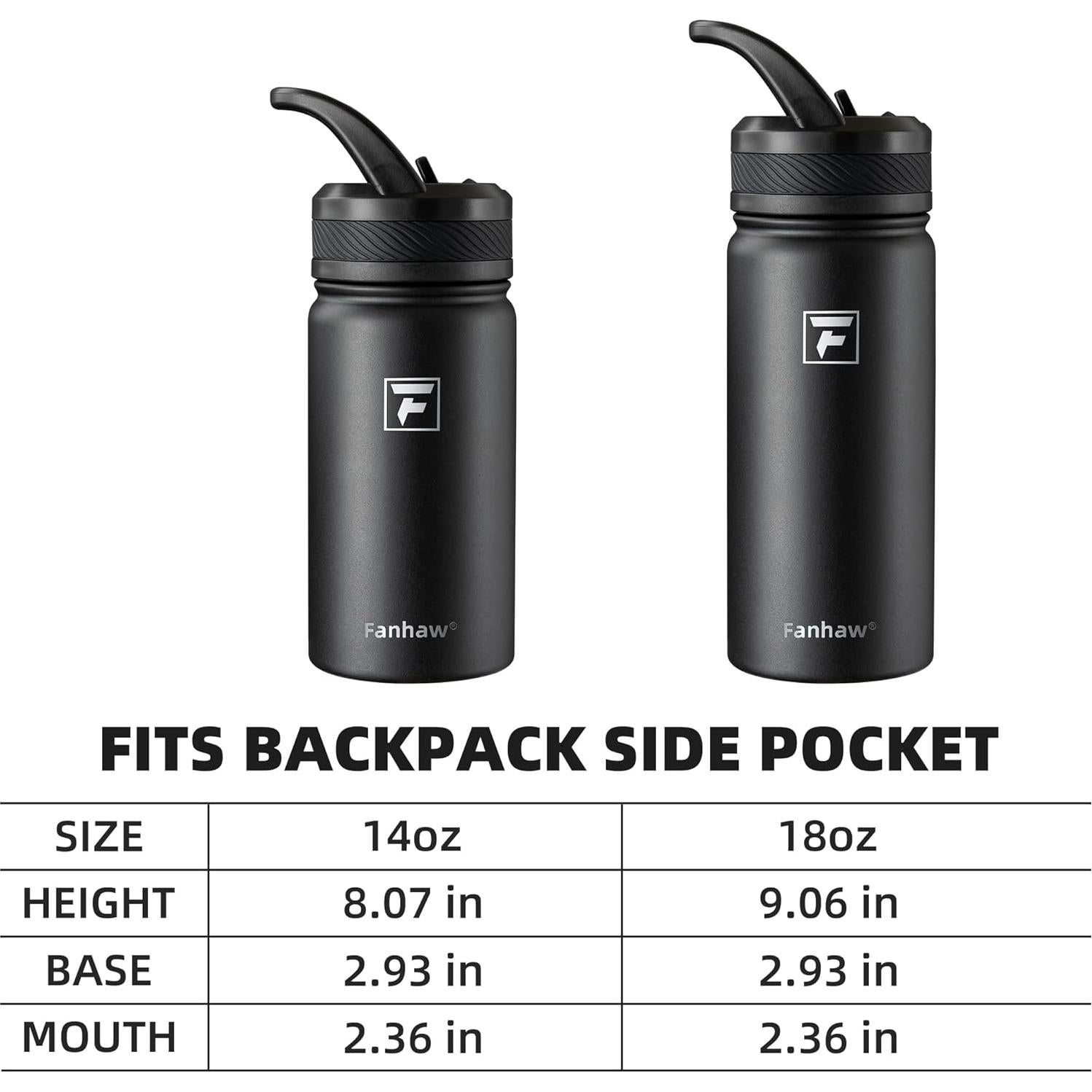 Botella de Agua Aislada Fanhaw 414ml Niños Acero Inoxidable Negro