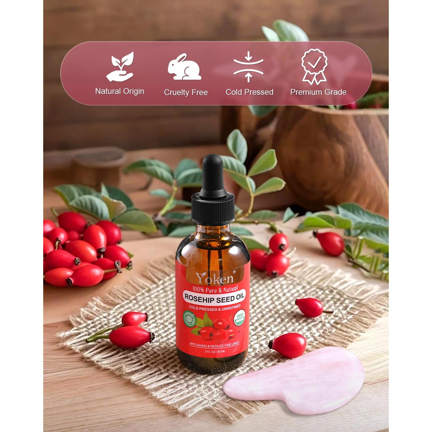 Organic Rosehip Seed Oil for Face,100% USDA Pure Rosehip Oils for Skin,Scars,Hair & Nails.2 fl Oz Cold Pressed Rose HIPS Oils for Skin Care, Anti-Aging, Scar Treatment, GUA SHA Massage Carrier Oil