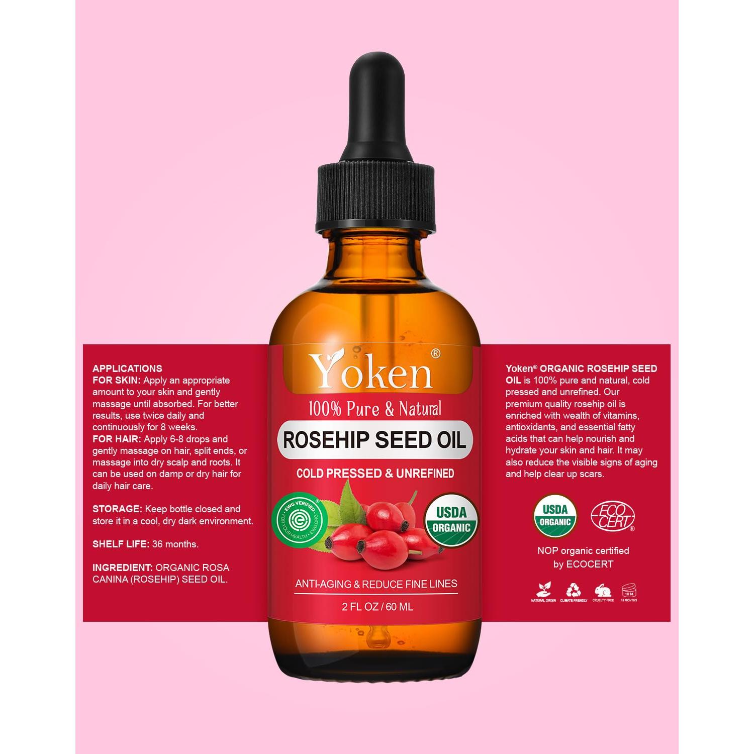 Organic Rosehip Seed Oil for Face,100% USDA Pure Rosehip Oils for Skin,Scars,Hair & Nails.2 fl Oz Cold Pressed Rose HIPS Oils for Skin Care, Anti-Aging, Scar Treatment, GUA SHA Massage Carrier Oil