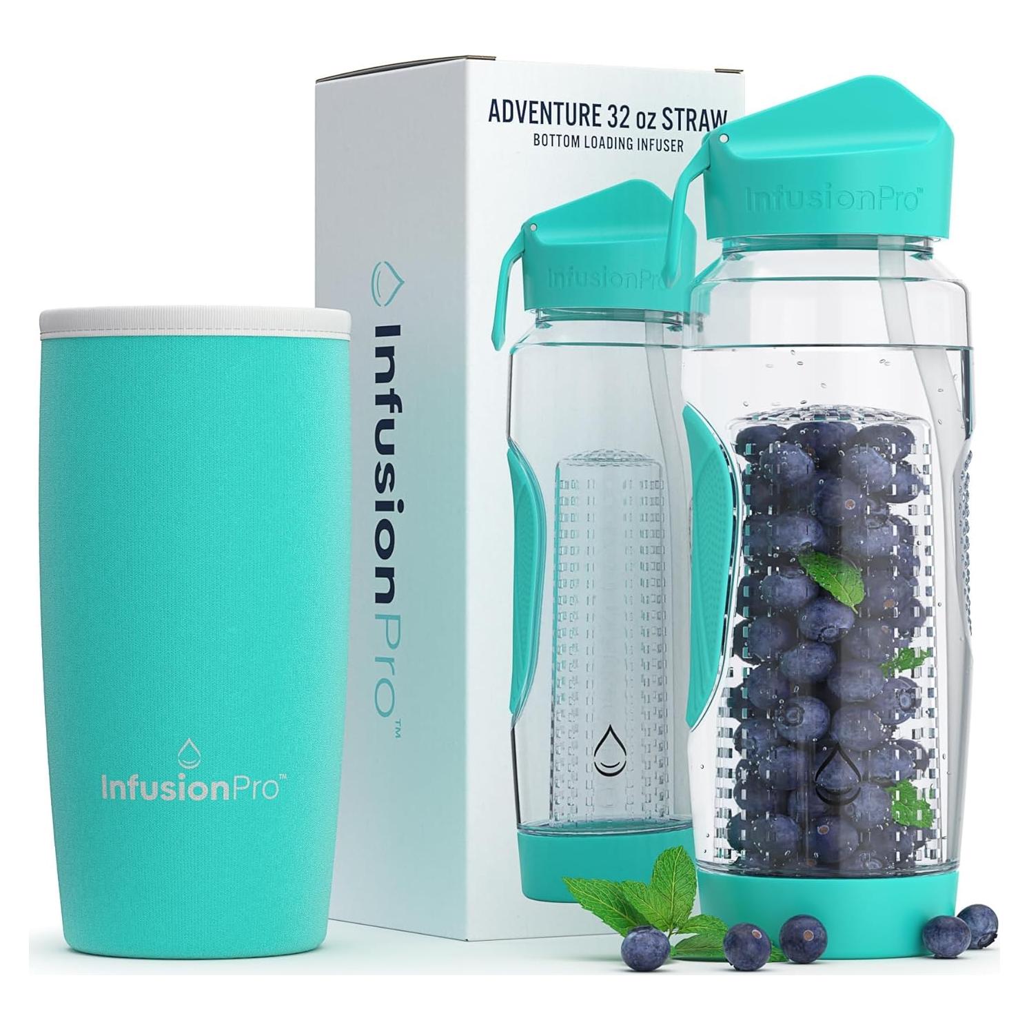 Infusion Pro 32 oz Fruit Infuser Water Bottle with Straw Lid : Insulated Sleeve : 50 Recipe Fruit Infusion eBook : Bottom Loading, Large Water Infuser for More Flavor : Unique Gift Idea