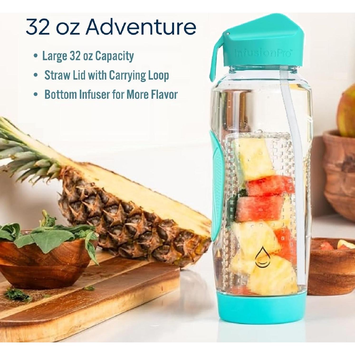 Infusion Pro 32 oz Fruit Infuser Water Bottle with Straw Lid : Insulated Sleeve : 50 Recipe Fruit Infusion eBook : Bottom Loading, Large Water Infuser for More Flavor : Unique Gift Idea