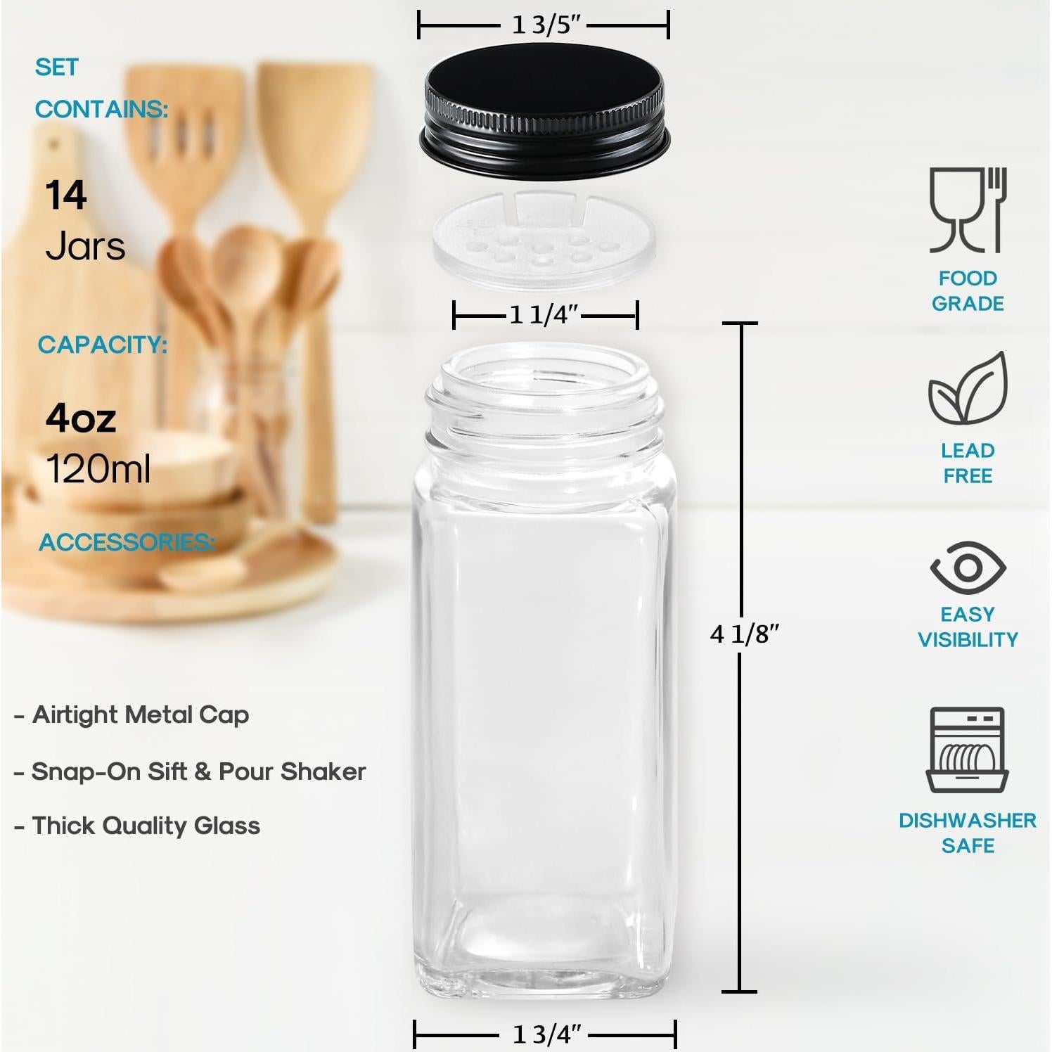 Juego de 14 Tarros de Especias de Vidrio AOZITA 4oz Cuadrados