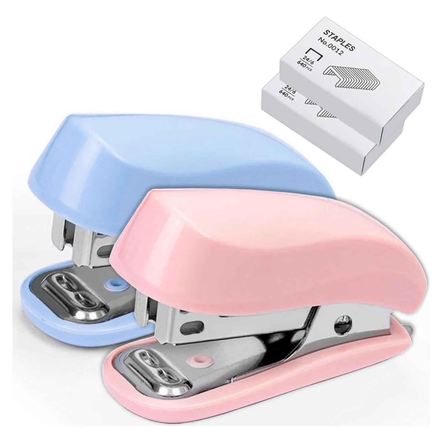 Mini Grapadora WIWUE GUO Azul y Rosa con 1280 Grapas